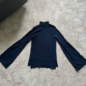 Ruffle neck bell sleeve navy sweater